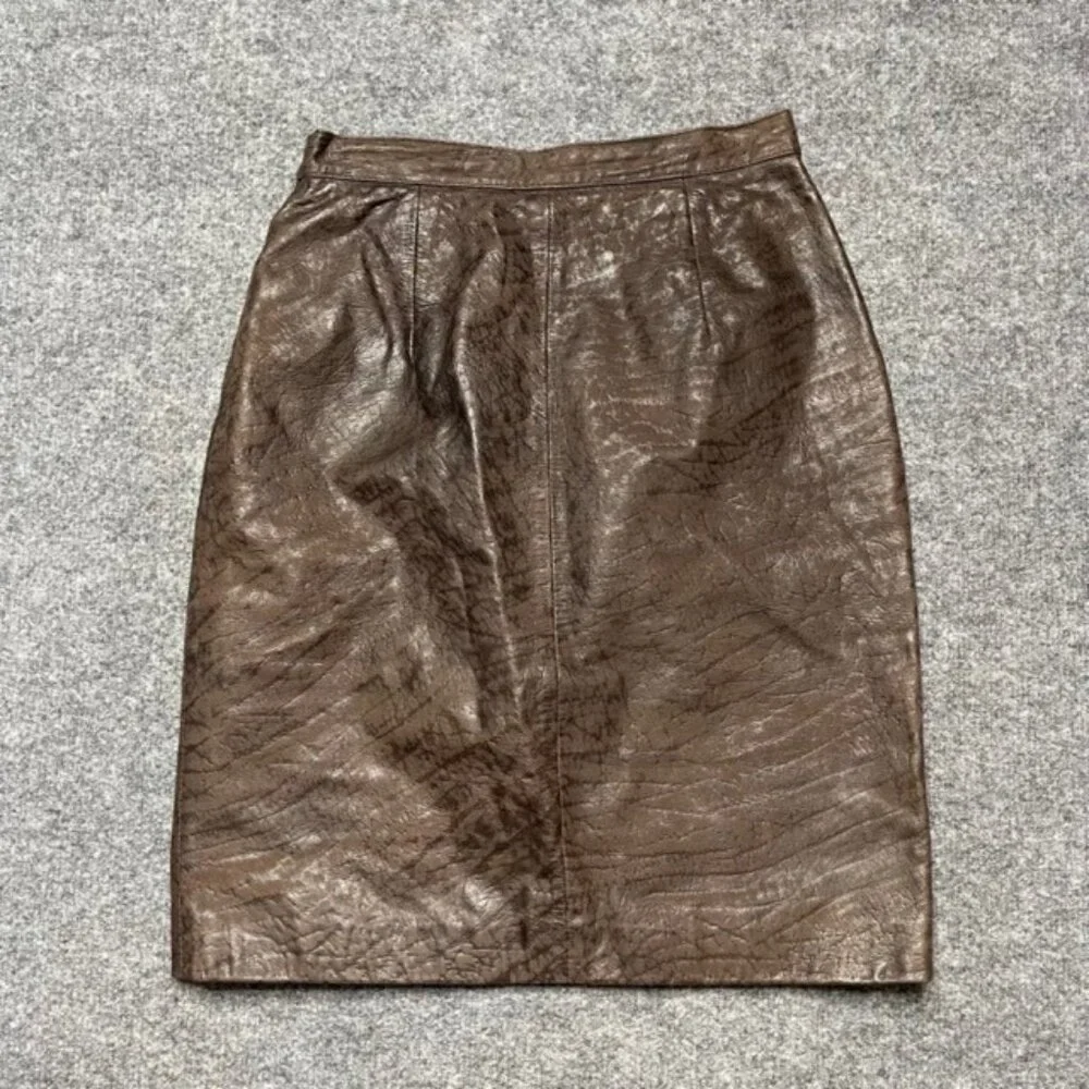 Glen Wood Womens Straight Skirt Brown Leather Knee Length Textured Slit Zipper 6 - Picture 3 of 10